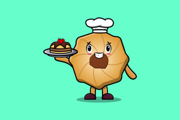 Cute Cartoon chef Cookies character serving cake on tray cute style design in flat cartoon style