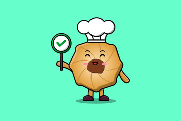 Cute cartoon Cookies chef character holding correct sign board in vector character illustration