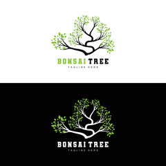 Green Tree Logo Design, Bonsai Tree Logo Illustration, Leaf And Wood Vector