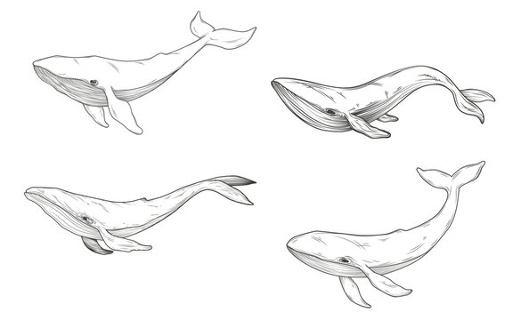 Whale sketches set. Illustration on transparent background