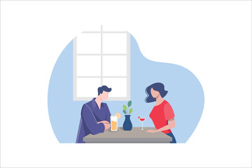 Couple in love celebrating holiday, holding hands and drinking coffee. Man and woman spending time together. Young people resting on romantic date. Saint Valentine's Day. Vector illustration 