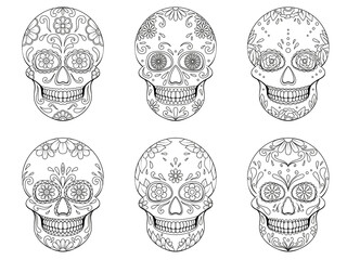 Collection of Day of The Dead sugar Skulls with floral ornament. Mexican skull. Illustration on transparent background