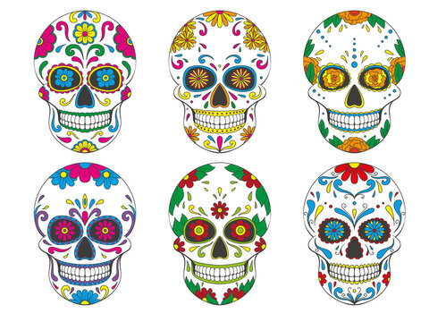 Collection of Day of The Dead sugar Skulls with floral ornament. Mexican skull. Illustration on transparent background