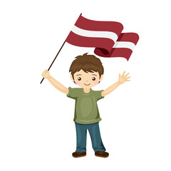 Boy with the flag of Latvia, a beautiful little child holds the flag of Latvia in his hand in flat style. vector illustration