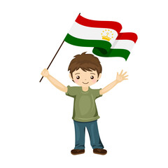 Boy with the flag of Tajikistan, a beautiful little child holds the flag of Tajikistan in his hand in flat style. vector illustration