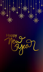 Fototapeta na wymiar Happy new year with golden effect written on maroon and navy gradient background with ornaments as decoration