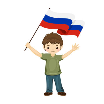 Boy with the flag of Russia, a beautiful little child holds the flag of Russia in his hand in flat style. vector illustration