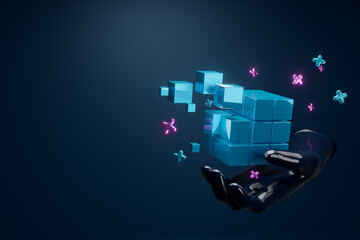 3d render. Blockchain cubes in the metaverse. The hand creates connections