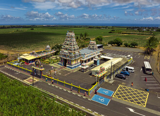 Aerial photo about an tipical hindu temple in Mauritius island. The name is Tookay temple.