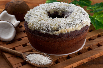 

cake with chocolate frosting, lemon, strawberry, corn, passion fruit