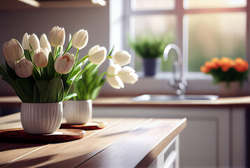 Vases of white tulips on a wooden table in an Italian-style kitchen full of sunshine. Bright kitchen interior background.