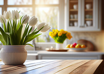 A vase of white tulips on a wooden table in an Italian-style kitchen full of sunshine. Bright kitchen interior background. © Andrey