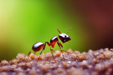 close up of red ant on leaf in front of green background, generative ai