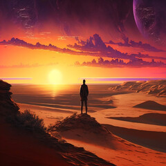 Obraz premium A yellow, orange landscape of a large desert through which a man walks under a cloudy dark sky. A lonely walk on the hot sand. Illustration. Generative AI.