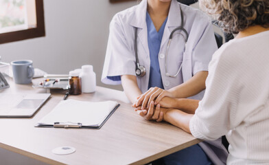 Homecare nursing service and elderly people cardiology healthcare. Close up of young hispanic female doctor nurse check mature caucasian man patient heartbeat using stethoscope during visit