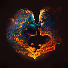 Love silhouette of young kissing couple who are ready for love and kiss. Abstract illustration on a dark background. Portrait in the shape of a flame heart. Generative AI.