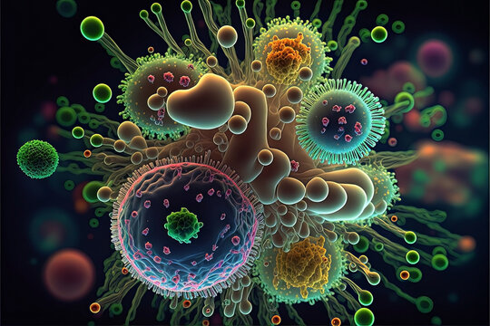 Microscopic Bacteria. Science Illustration. 3D Render Of Infectious Virus. Microbiology. Cells And Dna. Very Small Molecules. Human Health Research. Abstract Macro Of Medical. Microbe Molecules.