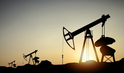 Oil pump oil rig energy industrial machine for petroleum in the sunset background for design
