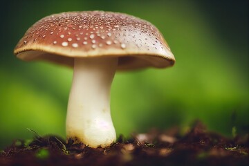 fresh brown mushrooms with white dots in the forest, generative ai