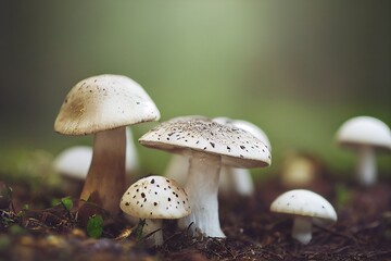fresh white mushrooms with black dots in the forest, generative ai