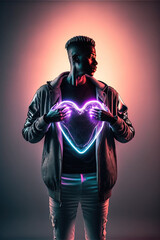 Fototapeta premium A dark love concept of a man giving a huge frame in the shape of a neon heart. Futuristic, modern creative illustration. Minimal cyber neon wallpaper. Generative AI.