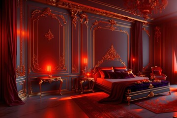 a bed room with a neatly made bed and a chandelier, flashy red lights

