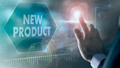A businessman controlling a futuristic display with a New Product business concept on it.