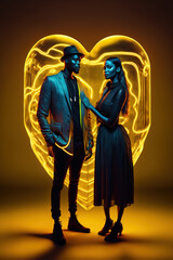 A dark love concept of a couple in love with huge frame in the shape of a neon heart. Futuristic, modern creative illustration. Minimal cyber neon wallpaper. Generative AI.
