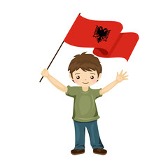 Boy with the flag of Albania, a beautiful little child holds the flag of Albania in his hand in flat style. vector illustration