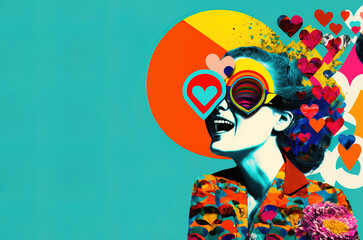 A fusion of contemporary art and old-fashioned style.Pop art backgrounds, colorful, bright neon colors, collage of girl portrait and different elements and symbols. Illustration. Generative AI. - obrazy, fototapety, plakaty