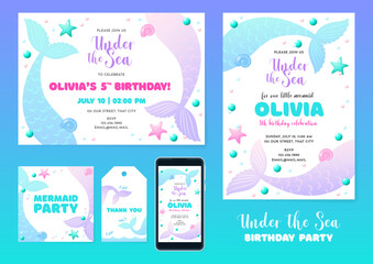 Under the Sea party invitation templates. Set of cute backgrounds decorated with mermaid tails, pearls and star fish. Vector 10 EPS.
