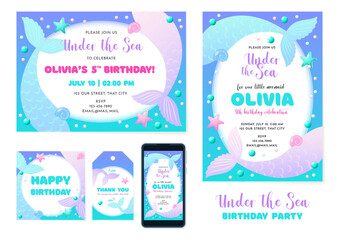 Under the Sea party invitation templates. Set of cute backgrounds decorated with mermaid tails, pearls and star fish. Vector 10 EPS.