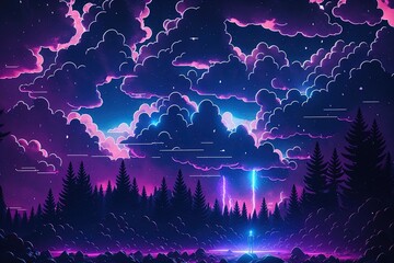 a surreal purple sky with clouds and stars and trees in the foreground