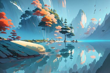 a painting of a lake surrounded by trees, concept art,