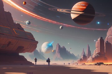 people walking with planets in the sky, concept art
