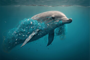 Dolphin tangled in waste. Generative AI