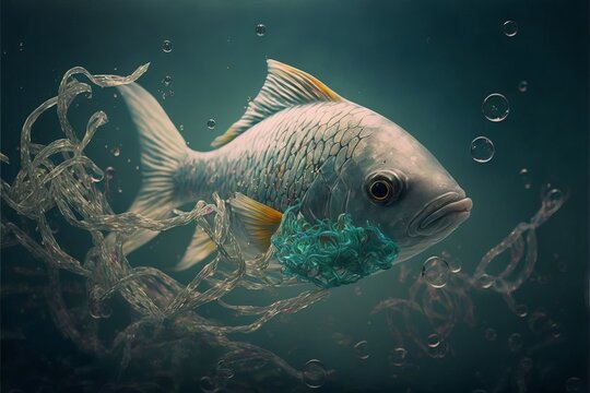 Fish tangled in waste. Generative AI