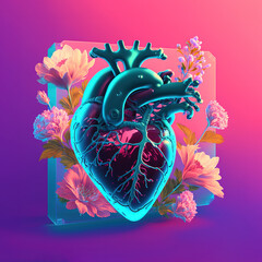 Abstract realistic illustrated colorful love heart made of fresh Spring flowers. Decorative human heart. Cyber neon lights, purple minimal background. Generative AI.