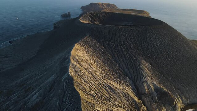 Aerial view of the volcano crater on Isla san Benedicto, a volcanic island in the Pacific Ocean, Colima, Mexico.