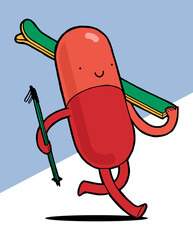 Vitamin Ski. Pill Character carrying skis. Winter sports character isolated vector illustration.