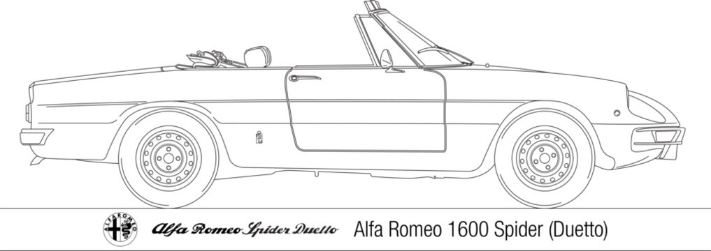 Italy, year 1972, Alfa Romeo Spider 1600 Duetto vintage car silhouette, draw on the white background, illustration