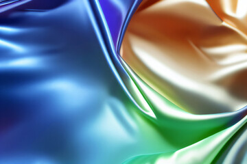 Close-up view of a digitally generated image of a multicolored wavy satin fabric. Generative AI