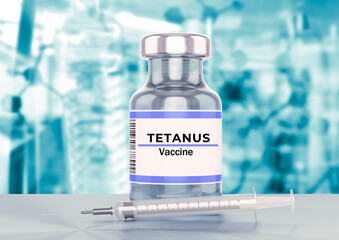 tetanus vaccine ampoule and syringe on a stainless steel laboratory table