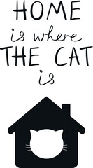 Fototapeta na wymiar Home is where the cat is lettering with house outline and cat's head in it. Funny quote. Simple black vector art. With love to your pet