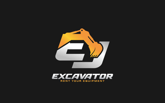 EJ logo excavator for construction company. Heavy equipment template vector illustration for your brand.