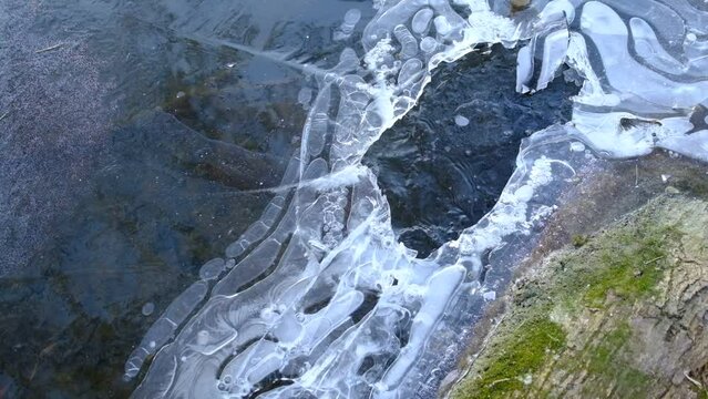 Peace of ice breaking the hole in frozen river wat