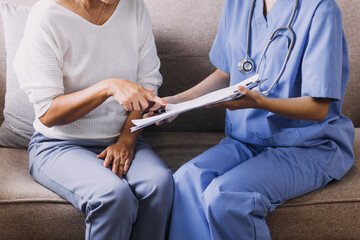 Homecare nursing service and elderly people cardiology healthcare. Close up of young hispanic...