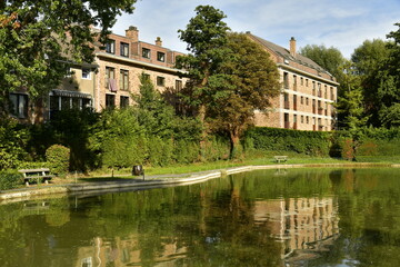 Fototapeta na wymiar Lotissement résidentiel moderne en pleine nature au bord d'un étang paisible au parc du Paradis à Braine l'Alleud en Brabant Wallon 