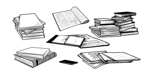 Collection of sketches of various stacks of books, documents, notepads and folders. Hand-drawn vector .illustration in vintage style. Isolated design elements. Clipart.
