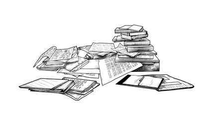 .Collection of sketches of various stacks of books, documents, notepads and folders. Hand-drawn vector .illustration in vintage style. Isolated design elements.